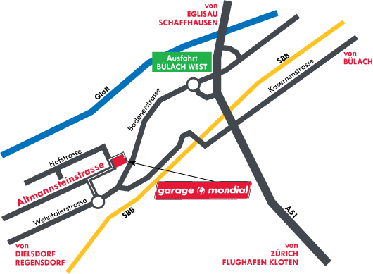 garage mondial, 8181 Höri bei Bülach, Zürich - Anfahrtsplan